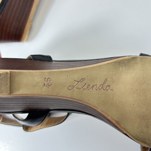 Liendo Anthropologie Black Leather Buckle Ankle Strap Low Wedge Sandals Size 9.5 - Picture 6 of 10